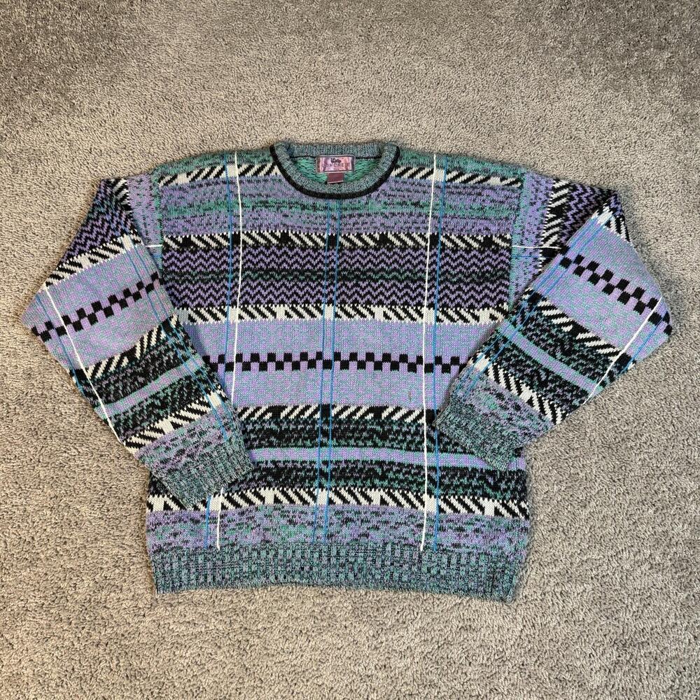 Vintage Concrete Sweater Pullover Womens M Purple Geometric Ramie Cotton 90s